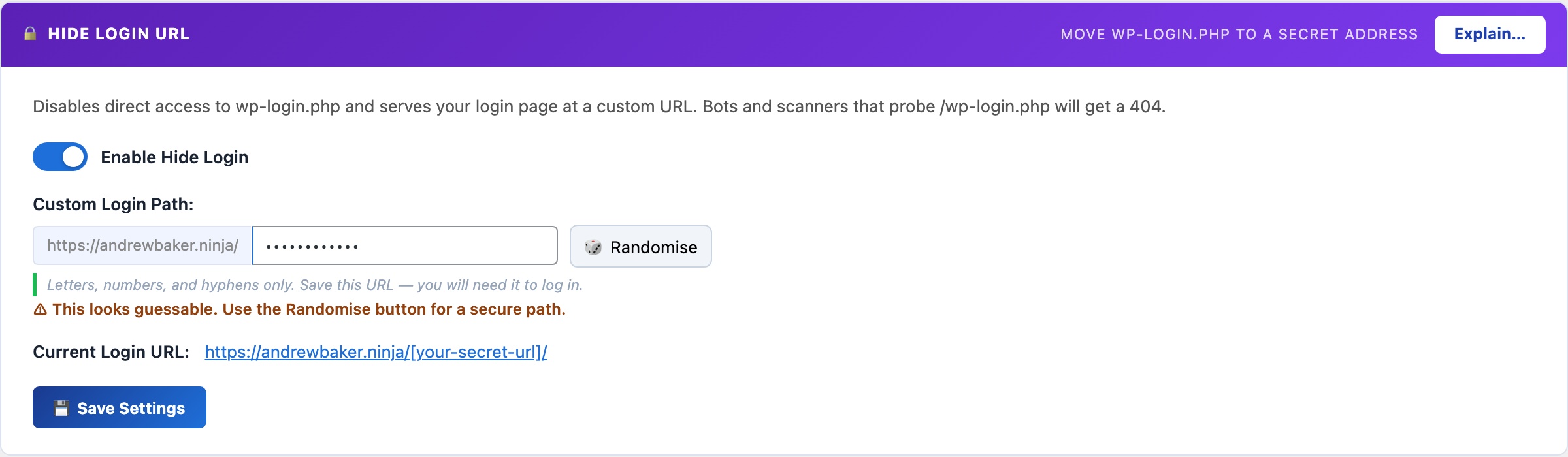 WordPress Hide Login URL settings panel - move wp-login.php to a secret URL to block automated bot attacks