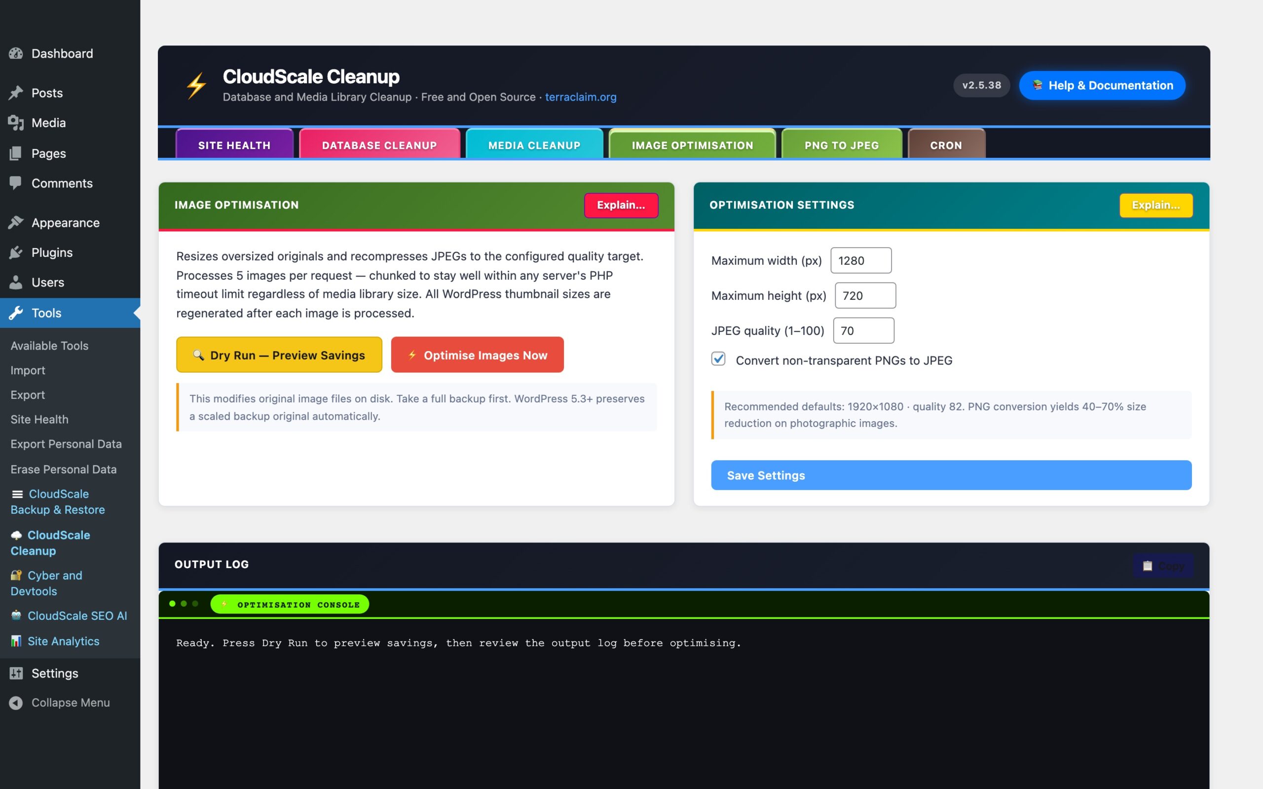 CloudScale Cleanup — Free WordPress Database Cleaner, Image Optimizer & Cron Manager — Image Optimisation feature screenshot
