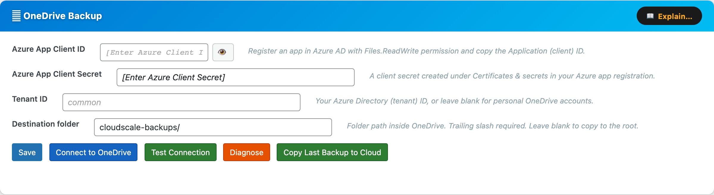 CloudScale Backup & Restore — Free WordPress Backup Plugin with One-Click Restore & Cloud Sync — Microsoft OneDrive feature screenshot