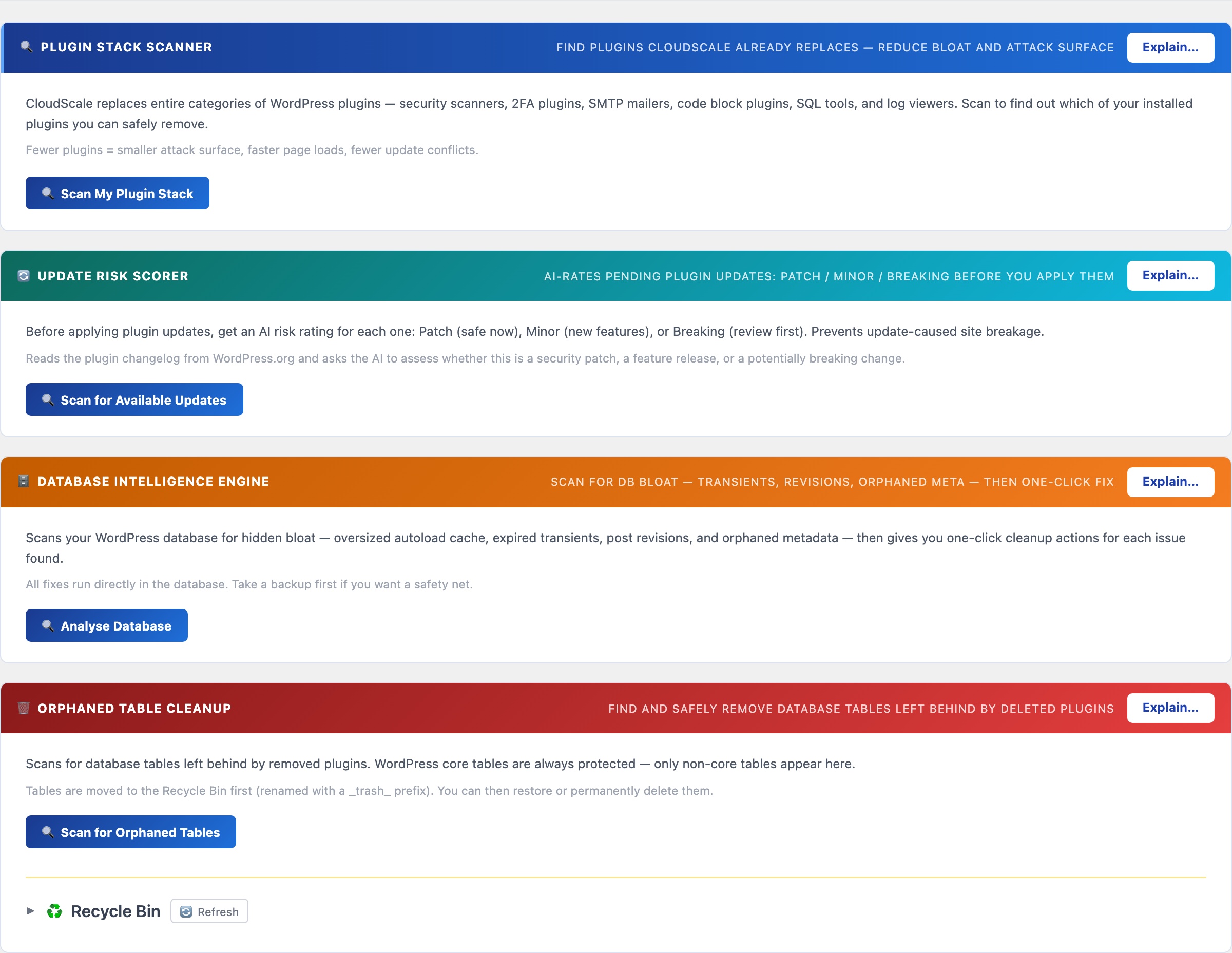 WordPress plugin stack scanner showing which plugins CloudScale replaces with AI debugging assistant