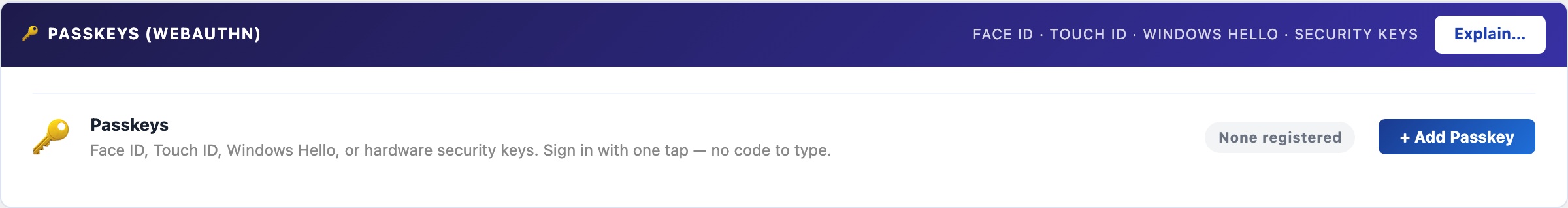 WordPress passkeys WebAuthn registration supporting Face ID, Touch ID and hardware security key login