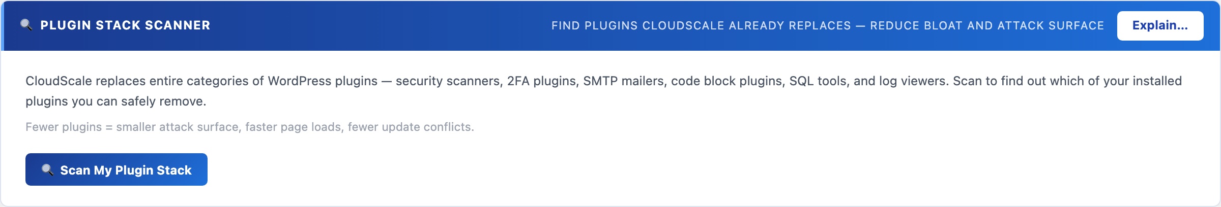 WordPress plugin stack scanner showing redundant plugins that CloudScale replaces with fewer attack surface