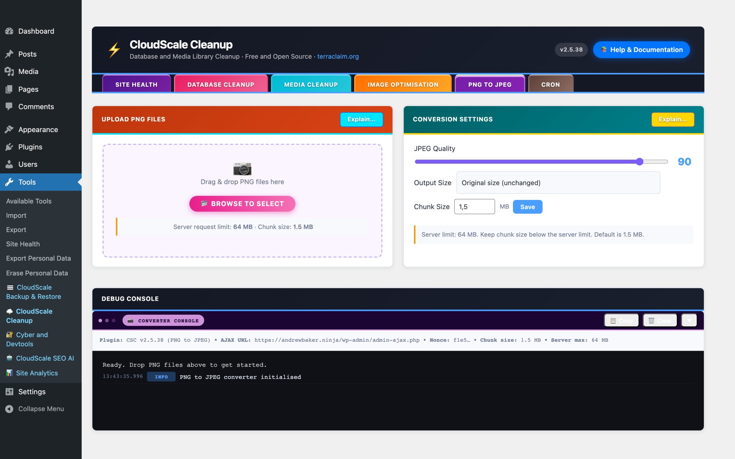 CloudScale Cleanup — Free WordPress Database Cleaner, Image Optimizer & Cron Manager — PNG to JPEG Converter feature screenshot