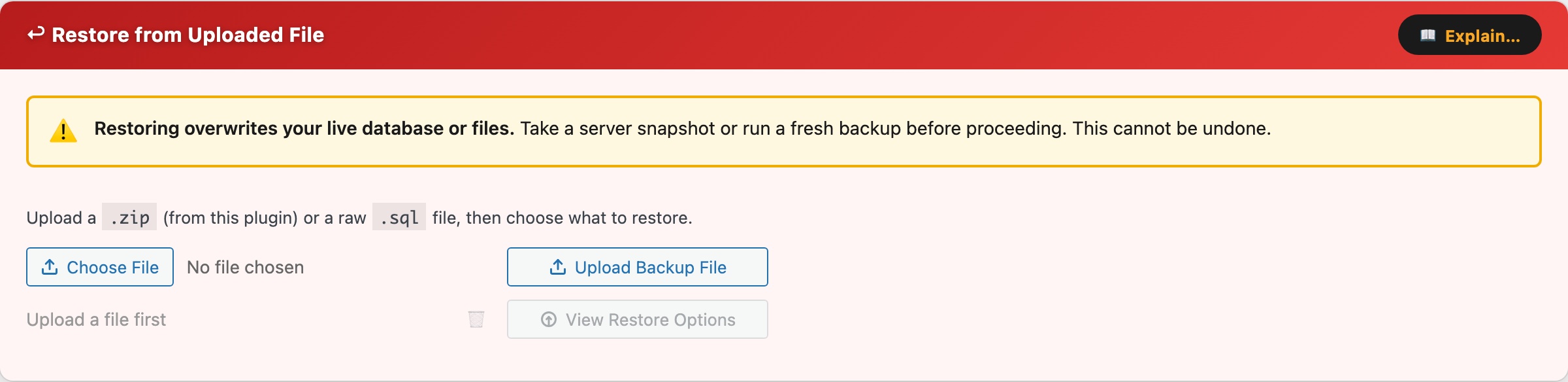 CloudScale Backup & Restore — Free WordPress Backup Plugin with One-Click Restore & Cloud Sync — Restore from Uploaded File feature screenshot