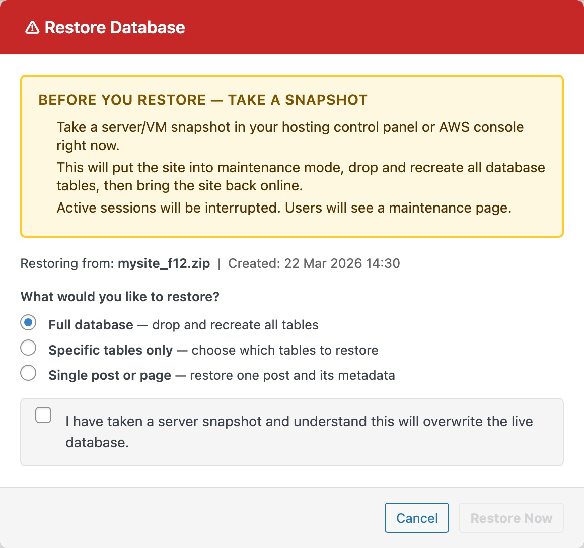 CloudScale Backup & Restore — Free WordPress Backup Plugin with One-Click Restore & Cloud Sync — Restore feature screenshot