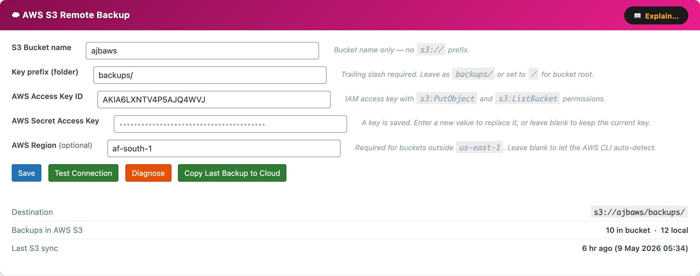 CloudScale Backup & Restore — Free WordPress Backup Plugin with One-Click Restore & Cloud Sync — AWS S3 feature screenshot