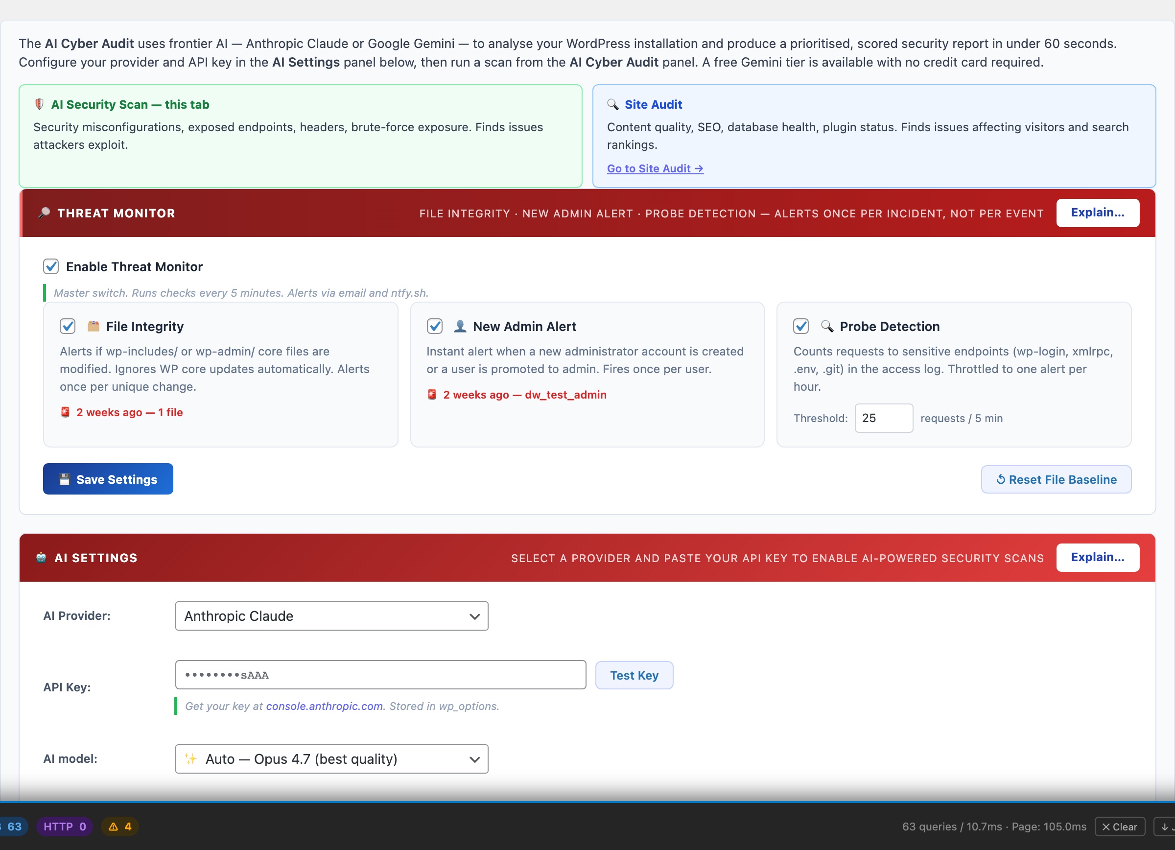 WordPress AI security audit showing a perfect score with Claude 4 and Gemini 2.5 Pro on a free security plugin