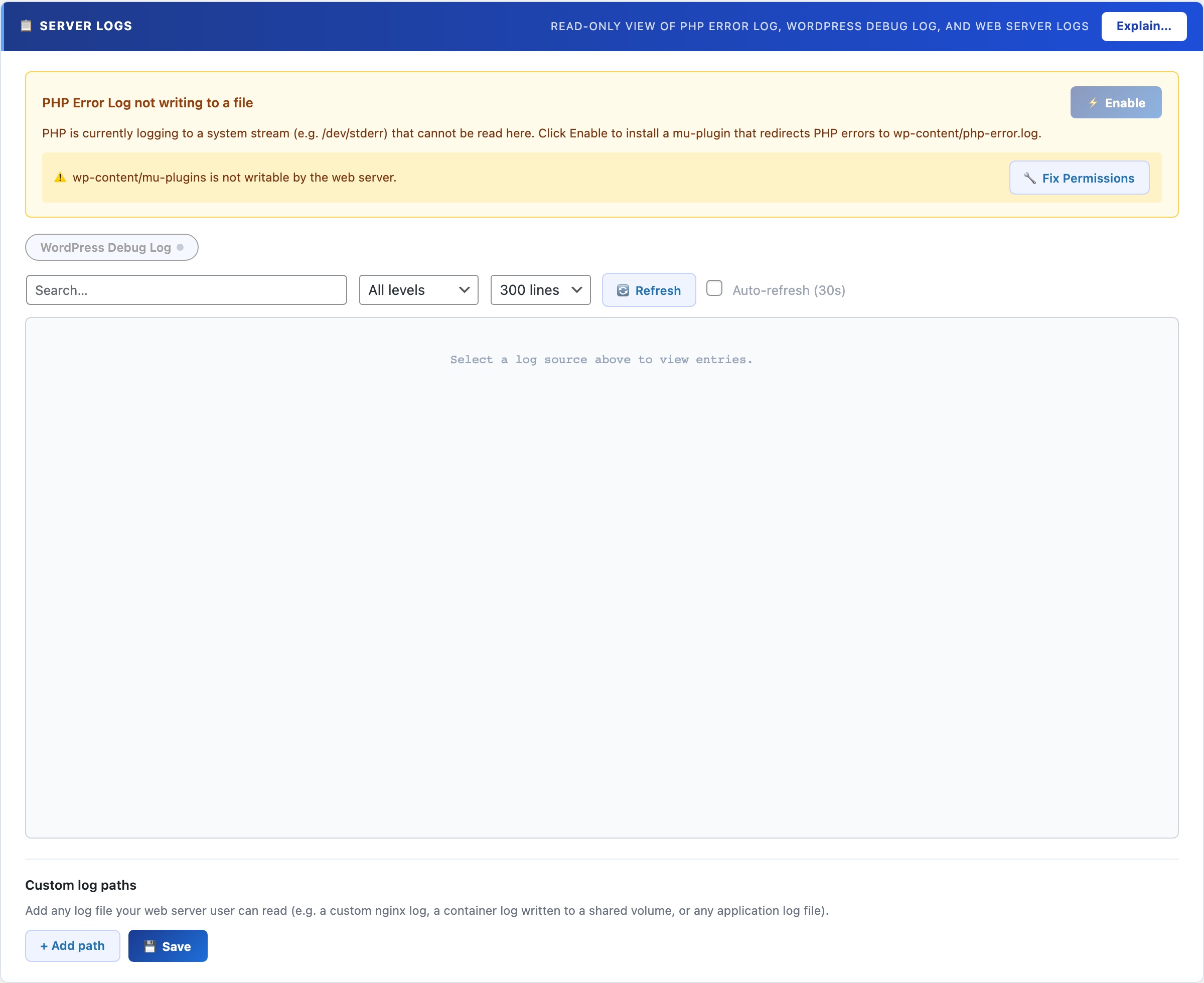 WordPress server log viewer for PHP error logs, debug logs, and web server logs without SSH access