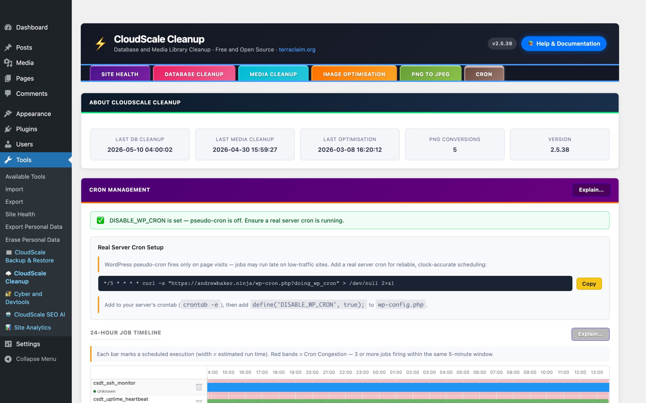 CloudScale Cleanup — Free WordPress Database Cleaner, Image Optimizer & Cron Manager — Cron feature screenshot