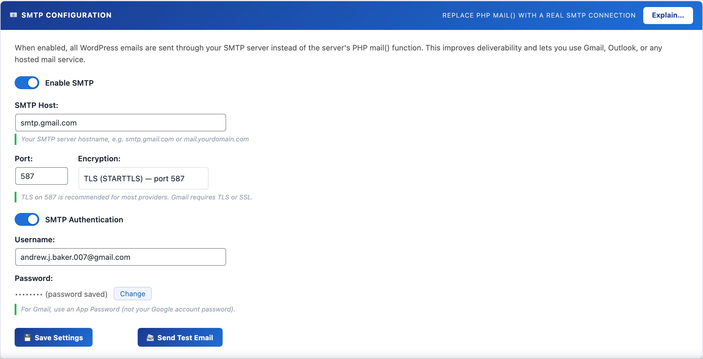 WordPress SMTP mailer settings replacing PHP mail with authenticated Gmail Outlook or Mailgun delivery