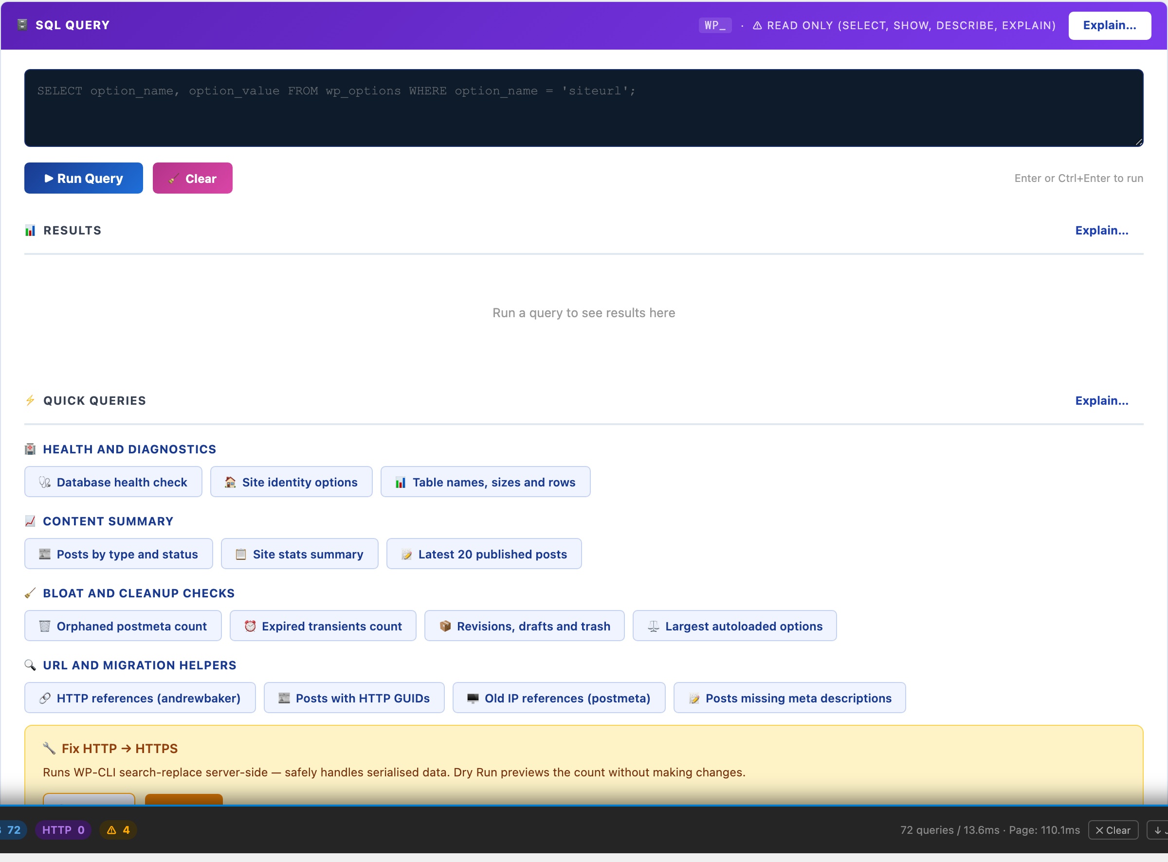 WordPress read-only SQL query tool for safe database inspection inside wp-admin without phpMyAdmin