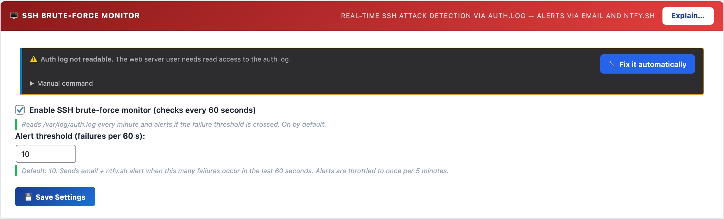 WordPress SSH brute force monitor reading auth.log with email and ntfy.sh push notifications