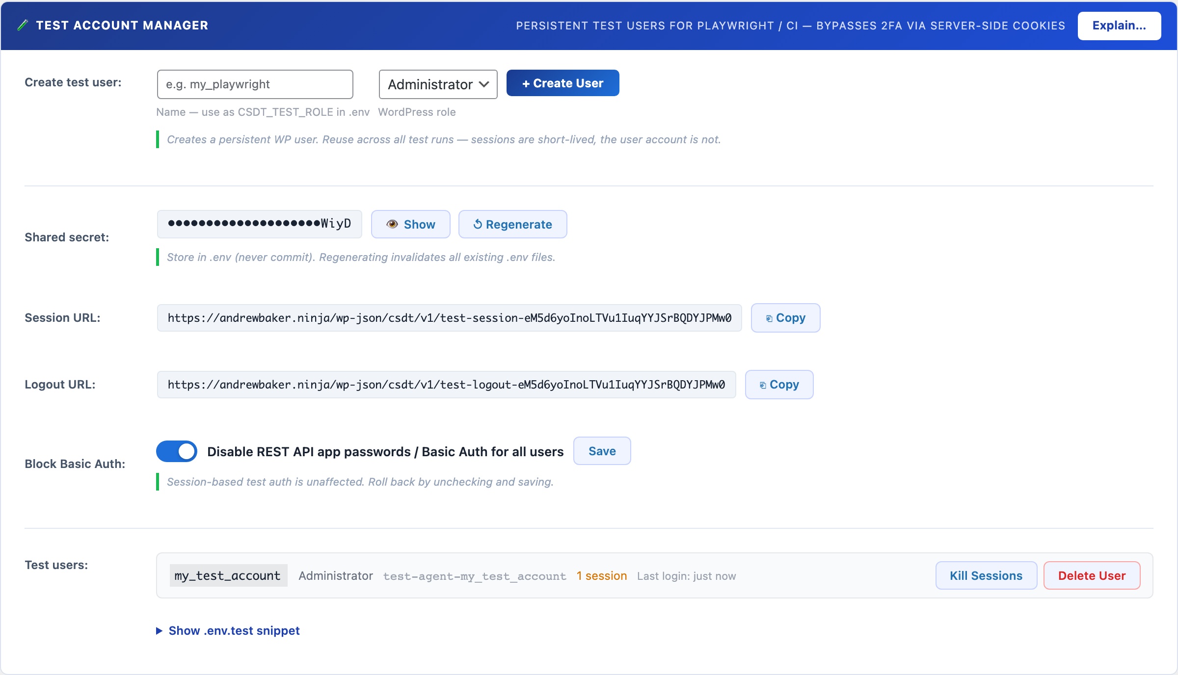 WordPress Playwright test account manager showing shared secret session API and test user list with active sessions