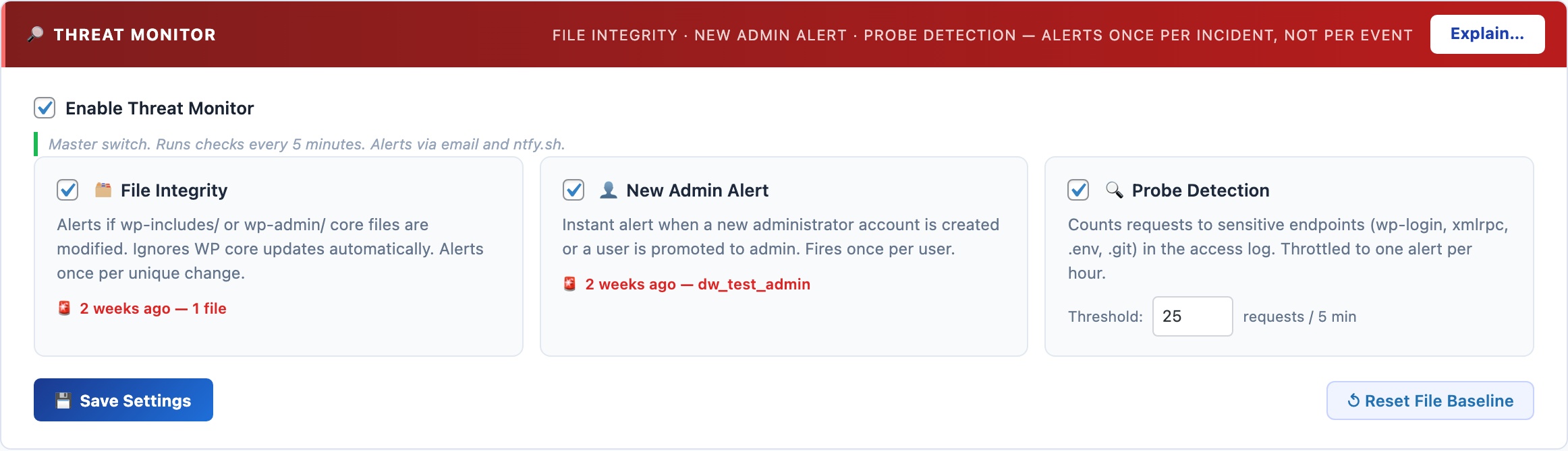 WordPress threat monitor showing file integrity checking, new admin alerts, and web probe detection