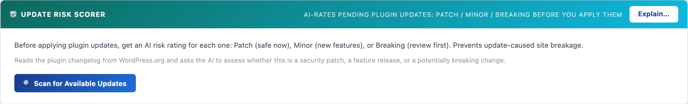 WordPress AI update risk scorer rating pending plugin updates as Patch, Minor or Breaking before applying them