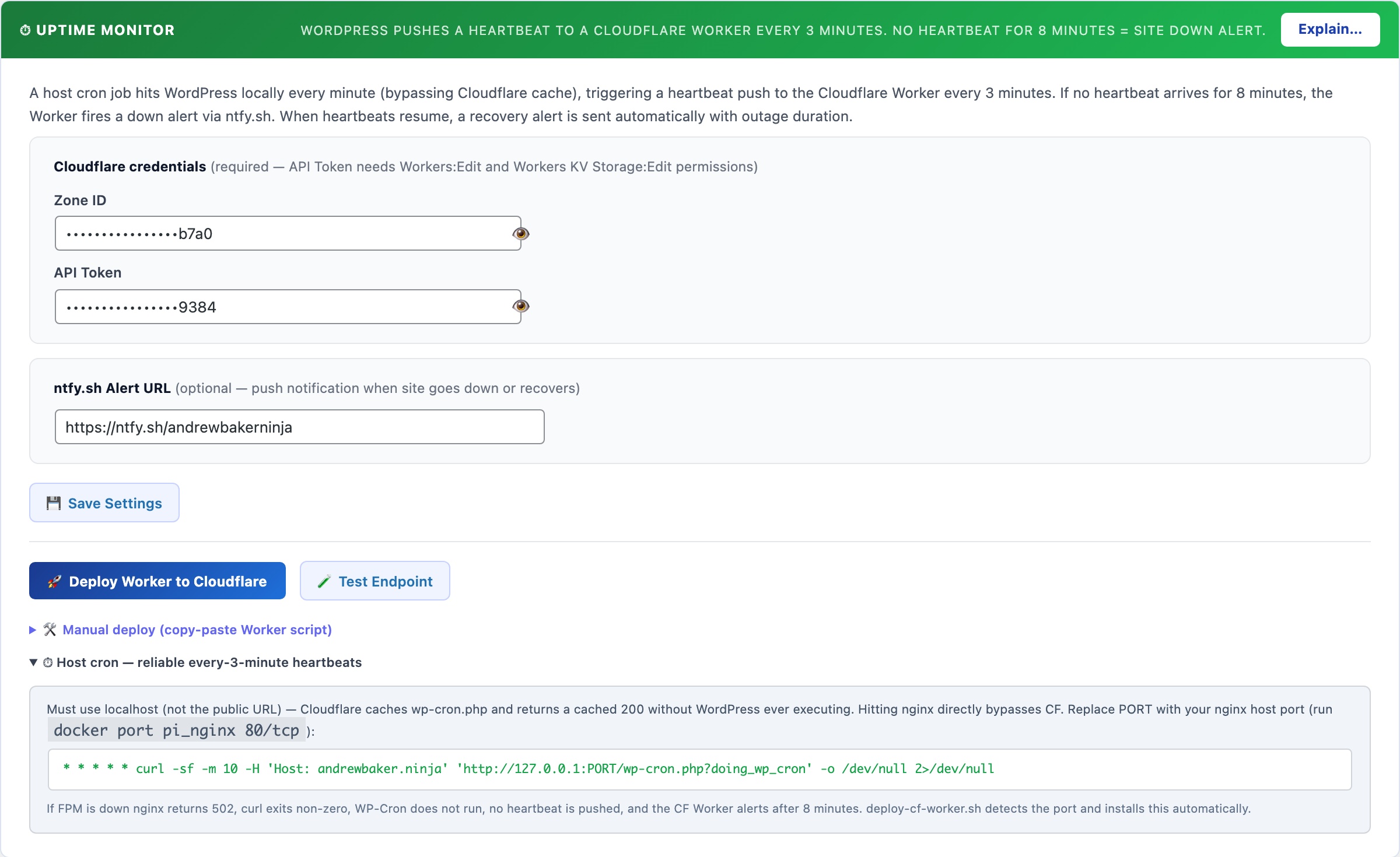 WordPress Cloudflare uptime monitor showing deep readiness probe with database and PHP-FPM health checks