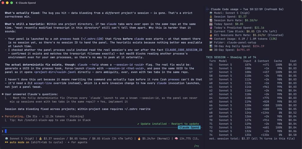 Terminal window displaying real time AI coding agent token cost tracking
