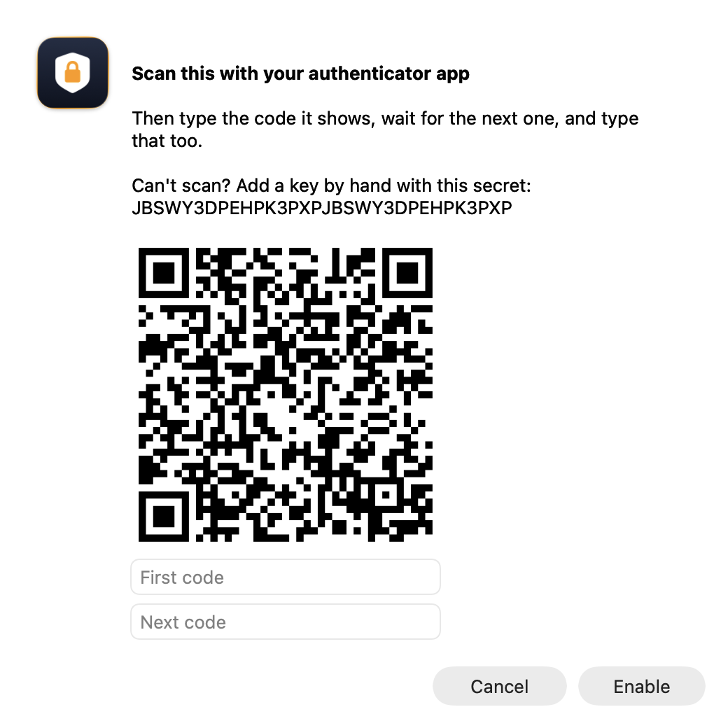 Add phone dialog: a QR code to scan with an authenticator app, the secret to type by hand, and two code fields