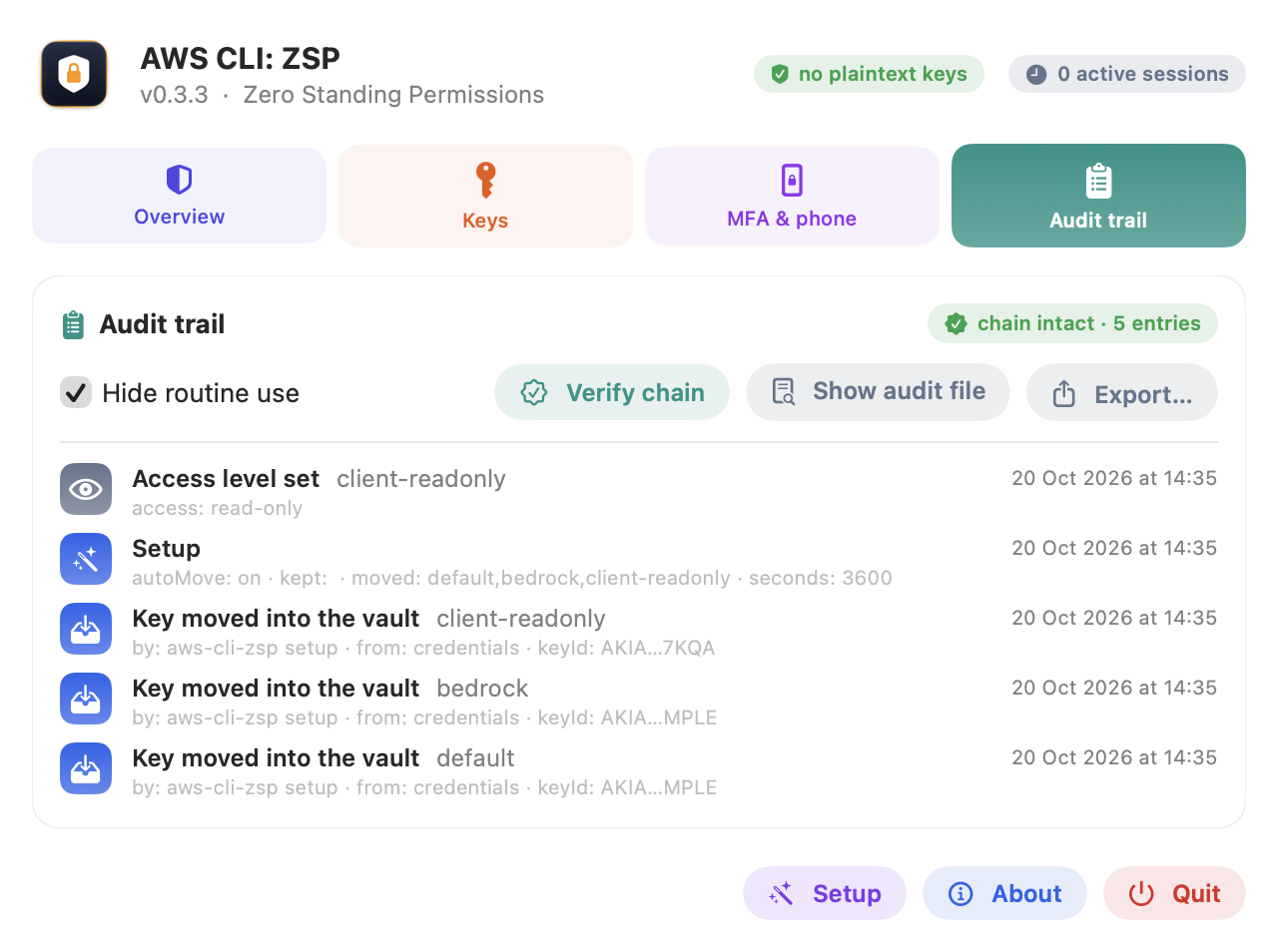 The Audit trail tab: chain intact, verify chain, show audit file and export, with keys moved into the vault and settings changes