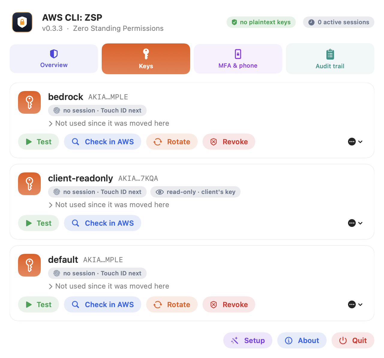 The Keys tab: each key with its session state, last use, and Test, Check in AWS, Rotate and Revoke buttons