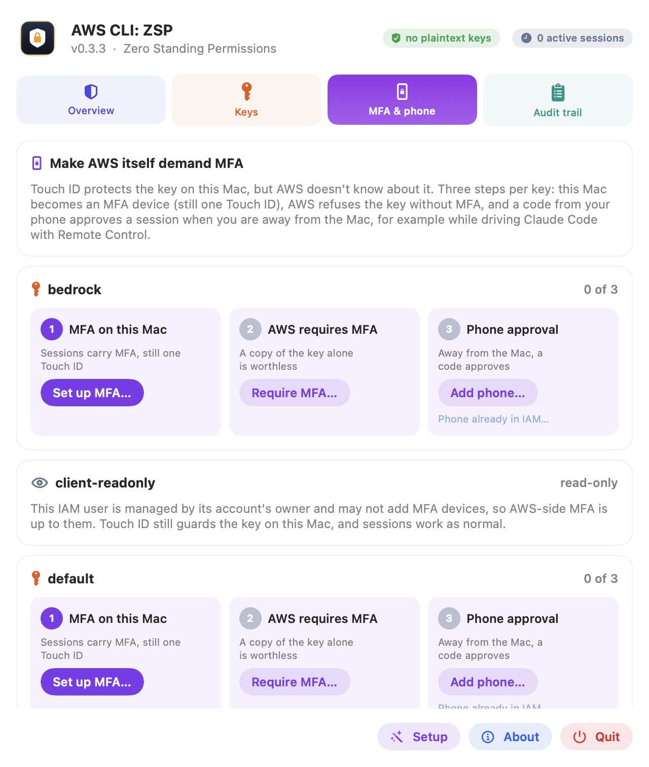 The MFA and phone tab: three steps per key, MFA on this Mac, AWS requires MFA, and phone approval, with a read-only client key explained