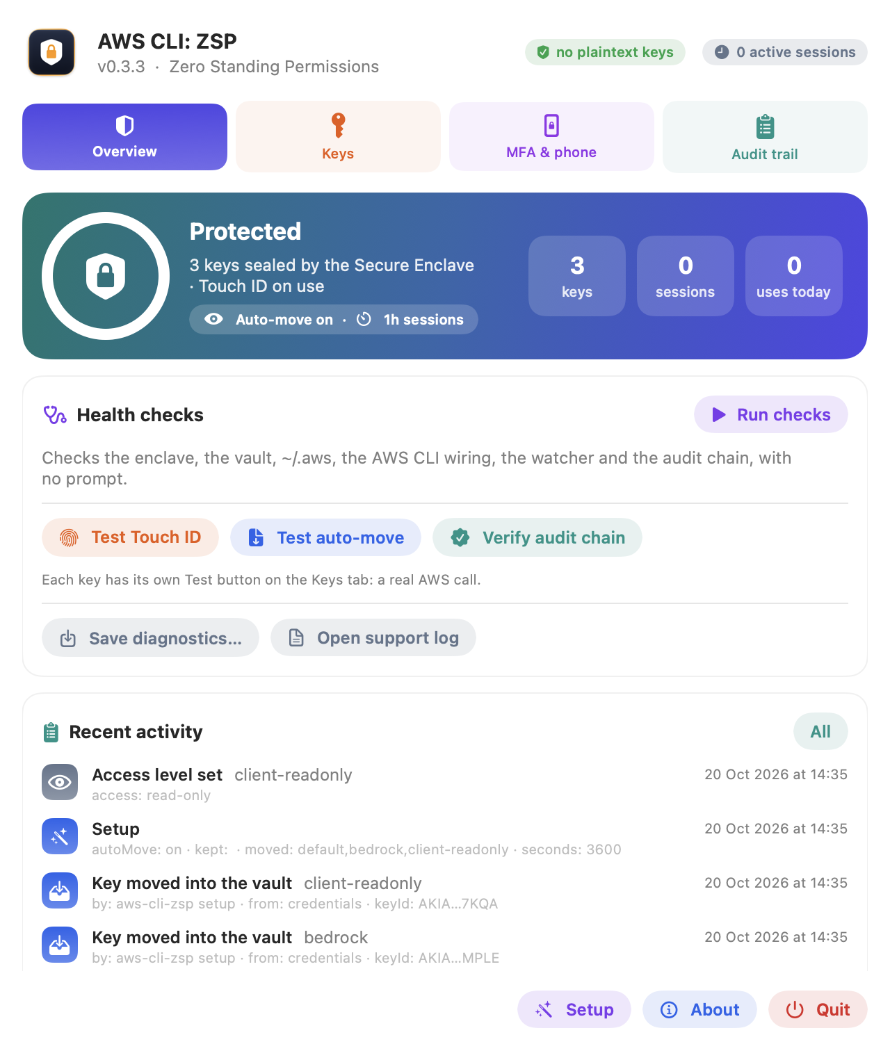 The Overview tab: protected, three keys sealed by the Secure Enclave, auto-move on, 1 hour sessions, health checks and recent activity