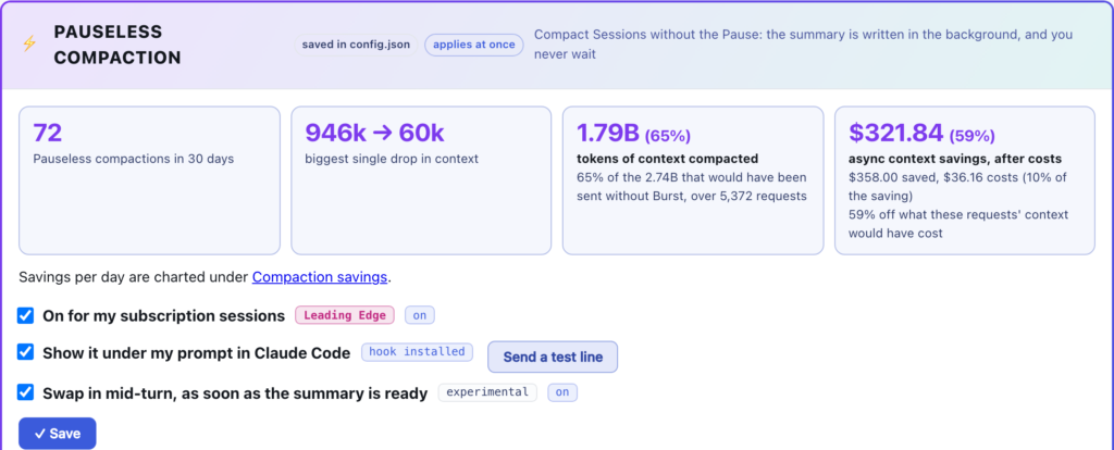 Pauseless compaction: 72 compactions in 30 days, the biggest drop from 946k to 60k tokens, and $321.84 saved after costs