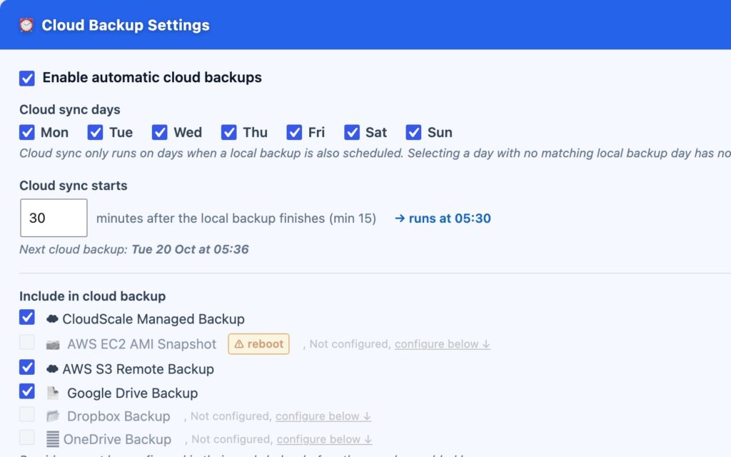 Cloud Backup Settings: choose the days, the start time, and which destinations receive every backup