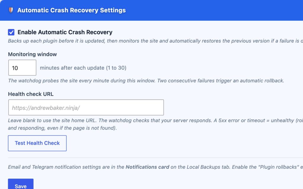 Automatic Crash Recovery settings: monitoring window, health check URL and a Test Health Check button