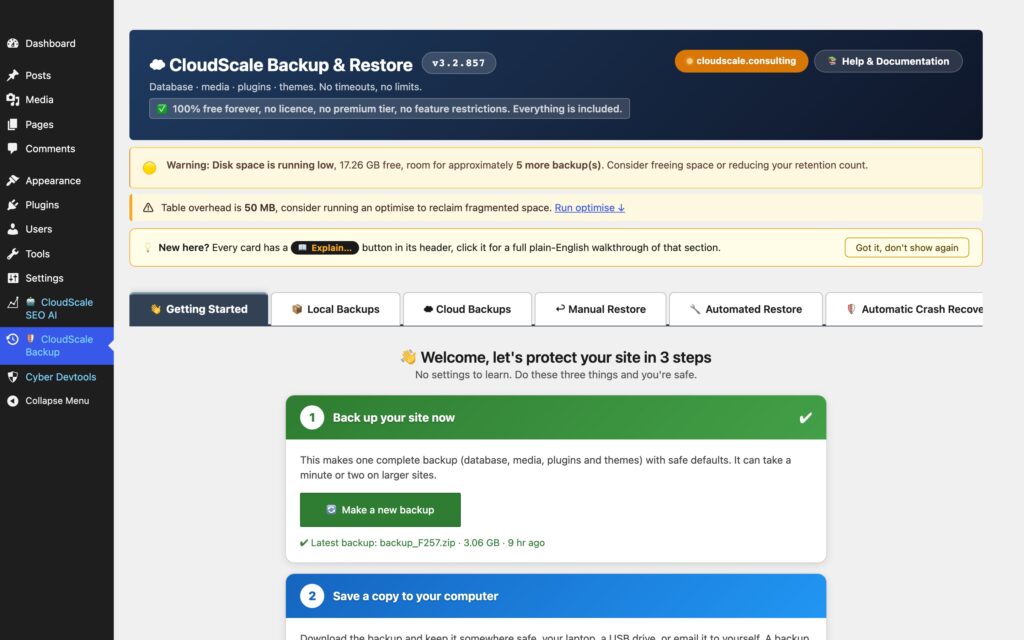 The Getting Started tab: three steps to a protected site, with the latest backup shown underneath