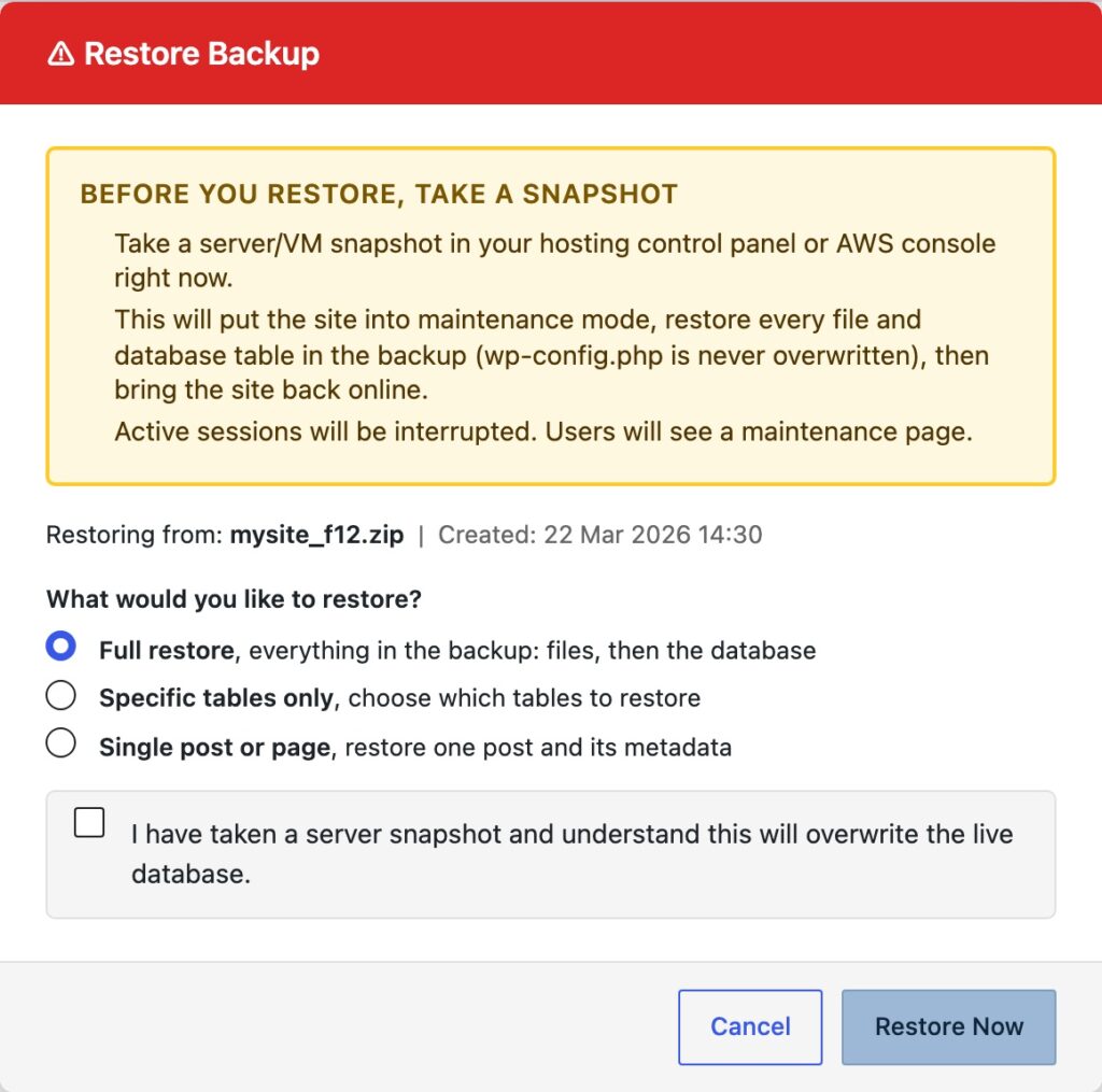 The restore window: Full restore, Specific tables only, or Single post or page, with a snapshot reminder that must be ticked first