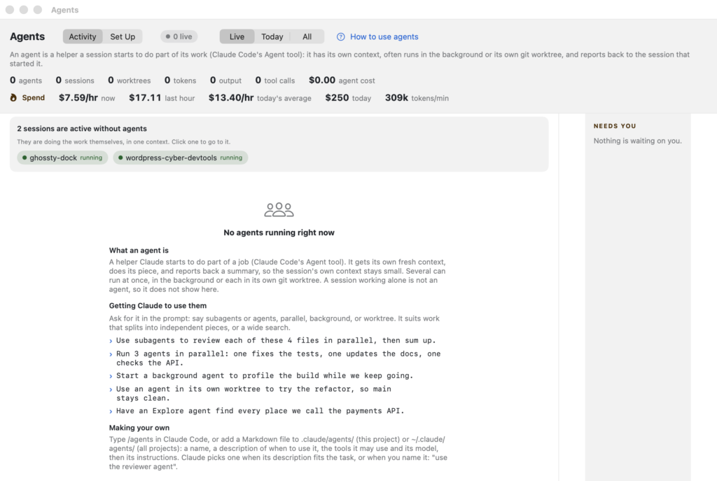 The Agents window: live agents, spend velocity in dollars per hour, sessions active without agents, and a guide to prompting Claude to use agents