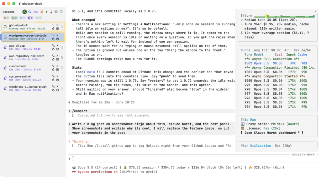 Ghostty Dock: the sessions sidebar on the left, a Claude Code session in the middle, and the live cost panel on the right