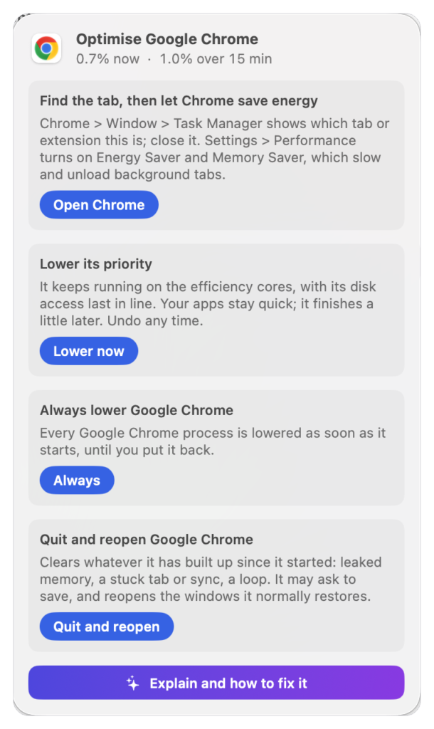 Optimise for Google Chrome: the specific fix first, then lower priority, or quit and reopen