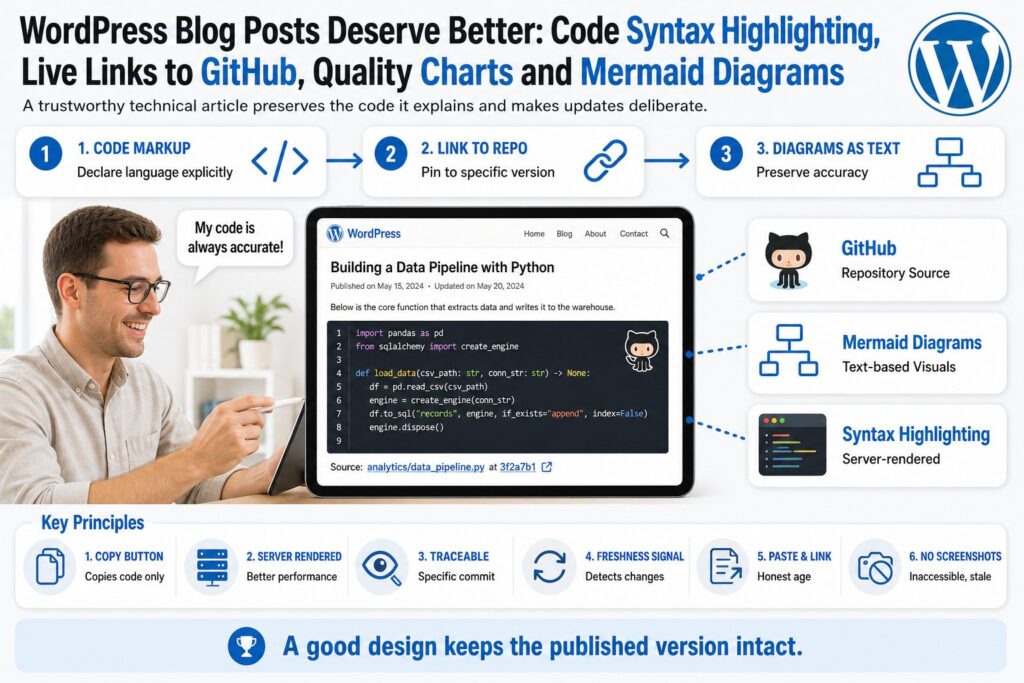 WordPress Blog Posts Deserve Better: Code Syntax Highlighting, Live Links to GitHub, Quality Charts and Mermaid Diagrams