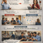 Manager discussing project goals with software developers at whiteboard