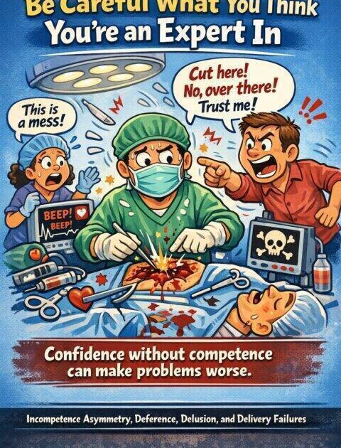 Manager confidently presenting to team despite lacking technical expertise