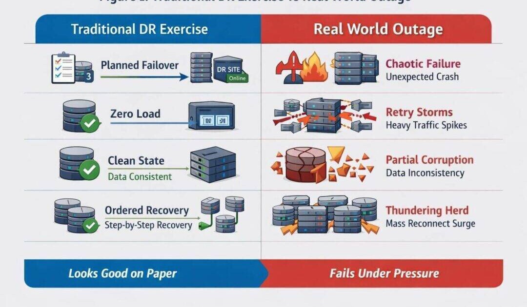 Servers in a data center with warning lights and emergency alerts displayed on monitoring screens