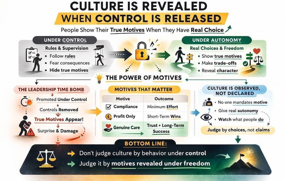 Executive removing chains from employee revealing true workplace culture