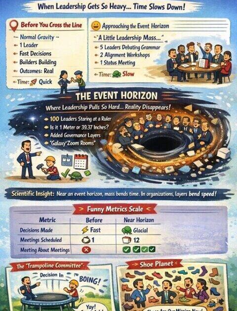 Leadership event horizon infographic showing organizational structure before and after leadership bloat