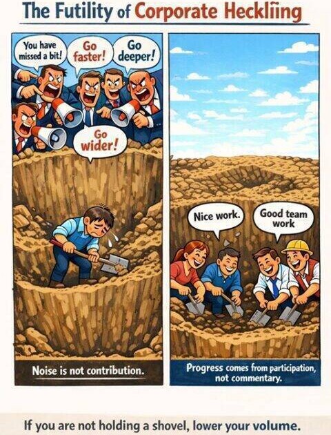 Executive in suit pointing at confused team members during meeting