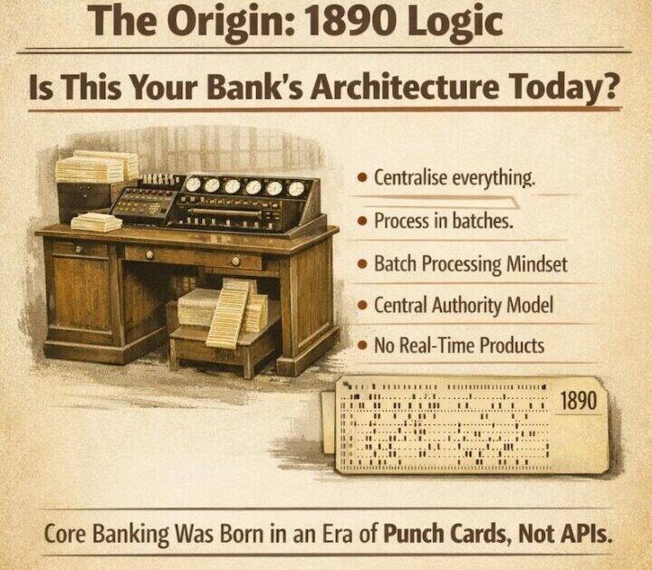 Vintage mainframe computer system representing origin of core banking architecture