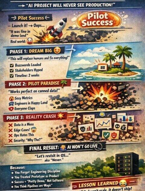 Business executives in boardroom presenting AI pilot project on screen while production remains empty