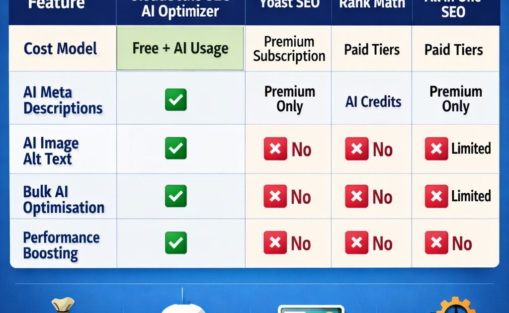 WordPress SEO plugin comparison dashboard showing CloudScale AI vs traditional plugins