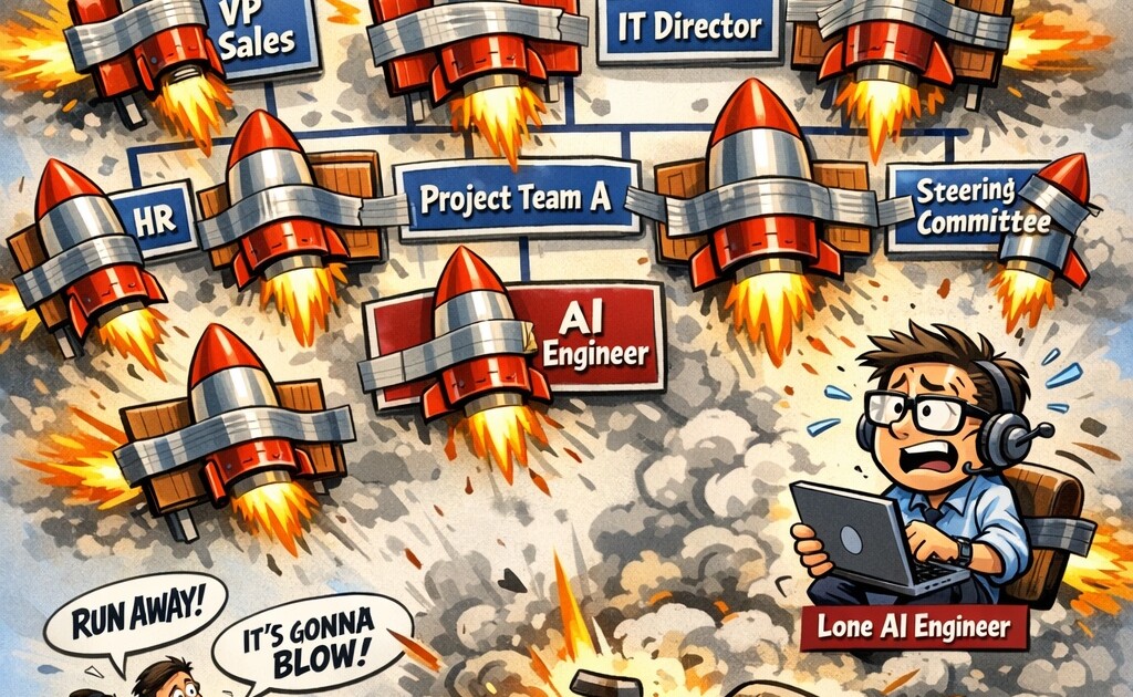 Man attaching rocket booster to classic car in desert setting