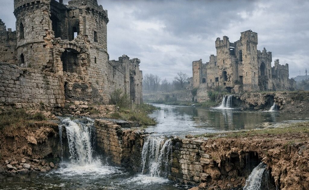 Collapsing digital tower with tech company logos falling from crumbling structure