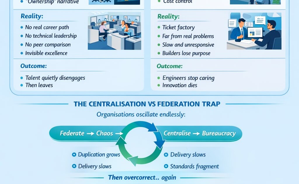 Scales balancing centralization and federation labels, with talent buried beneath