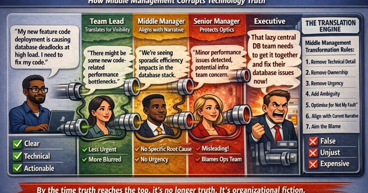 Broken telephone chain illustrating distorted communication through corporate management layers