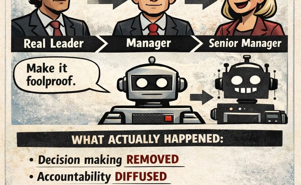 Factory assembly line producing identical robot figures wearing business suits